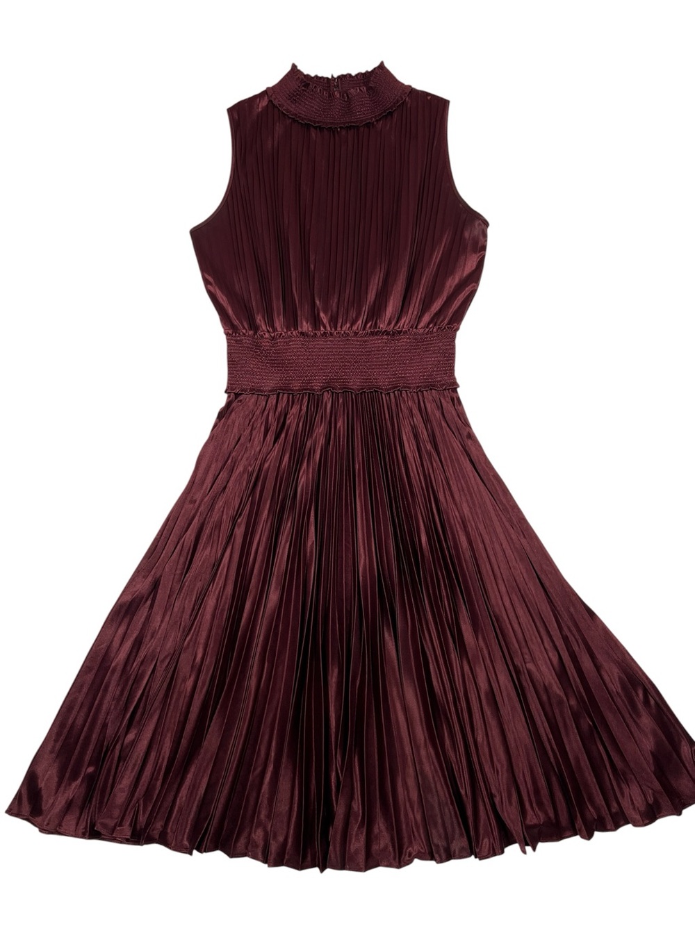 Nanette Lepore Pleated Sleeveless Smocked Blouson Midi Dress Merlot/Burgundy 8